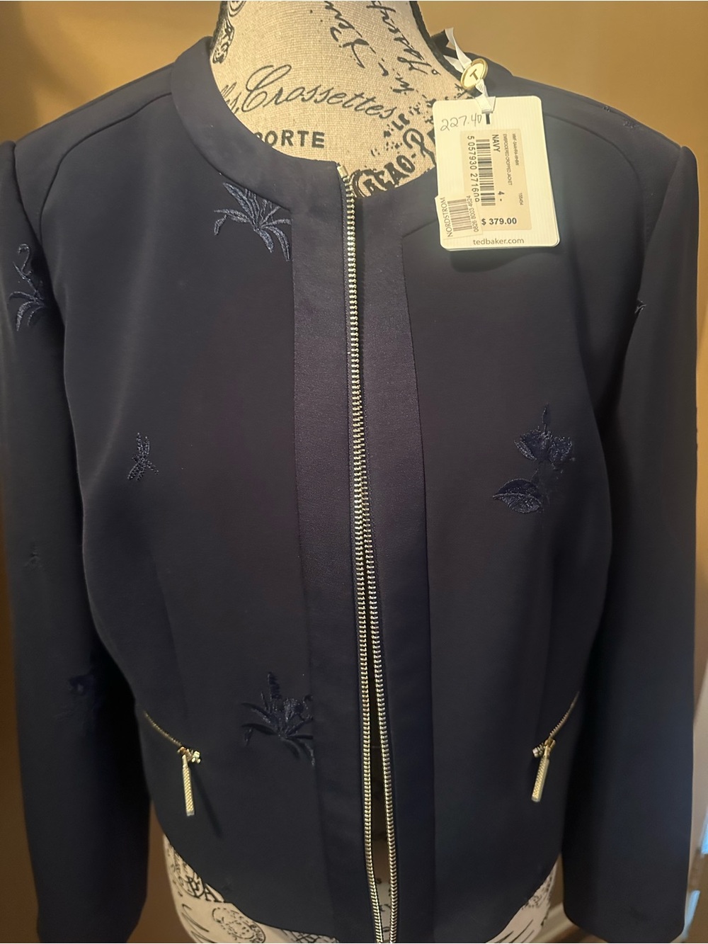 Ted Baker Navy Embroidered Zip-Front Blazer Jacket